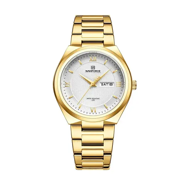 Naviforce NF8030 Military Stainless Steel Quartz Analog Men’s Watch – Dial Color: White, Strap Color: Gold – View 1
