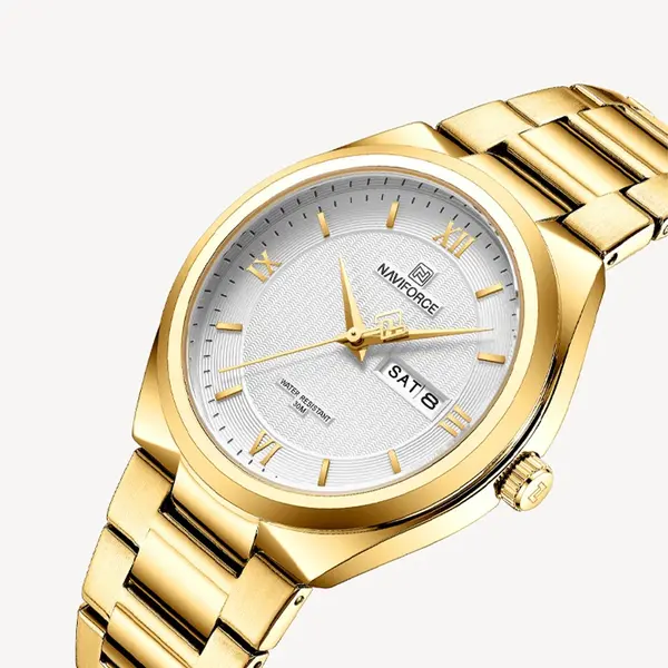 Naviforce NF8030 Military Stainless Steel Quartz Analog Men’s Watch – Dial Color: White, Strap Color: Gold – View 3