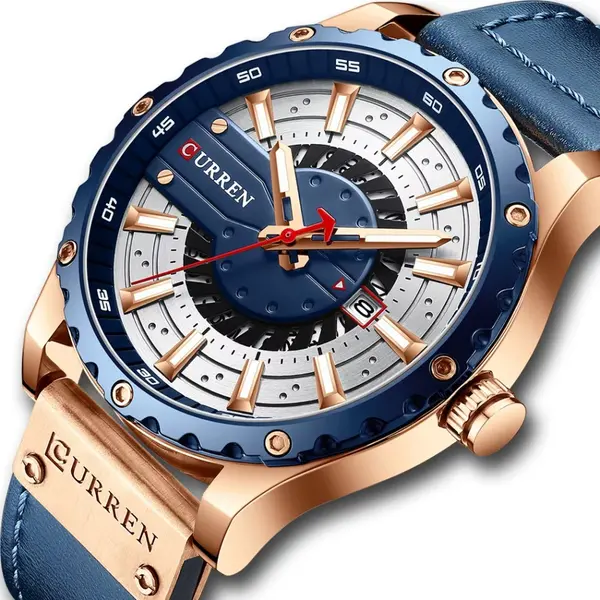 Curren 8374 Comfortable Genuine Leather Strap Casual Men's Watch – Dial Color: Blue, Strap Color: Blue – View 2