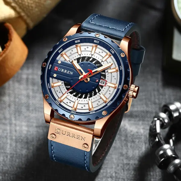 Curren 8374 Comfortable Genuine Leather Strap Casual Men's Watch – Dial Color: Blue, Strap Color: Blue – View 3