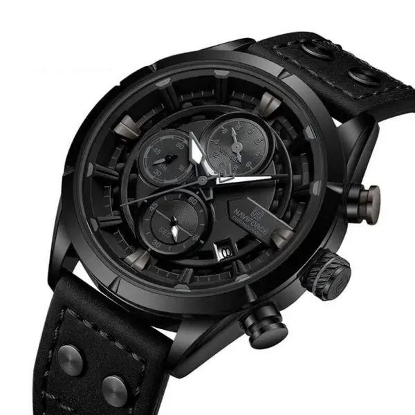 Naviforce NF8045 Vintage Sports Genuine Leather Men's Watch – Dial Color: Black, Strap Color: Black – View 2