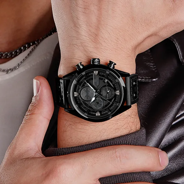 Naviforce NF8045 Vintage Sports Genuine Leather Men's Watch – Dial Color: Black, Strap Color: Black – View 3