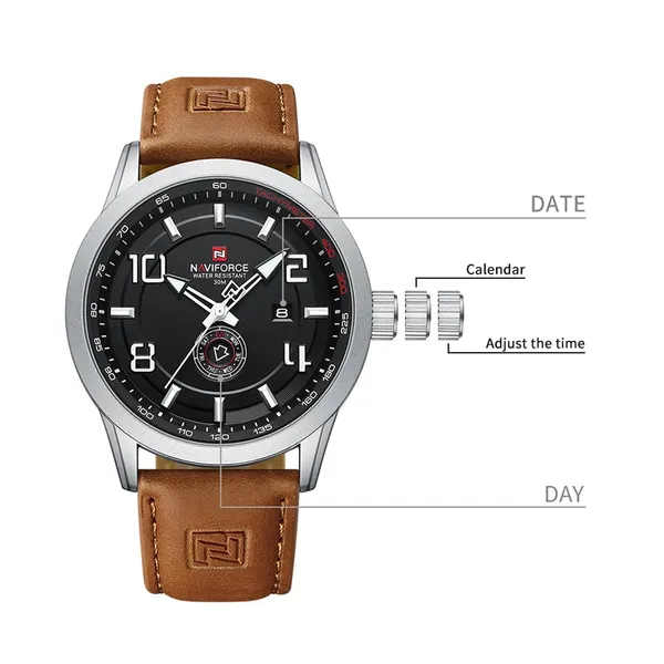 NAVIFORCE NF9229 Luminous Quartz Movement Men’s Watch – Dial Color: White, Strap Color: Brown – View 4