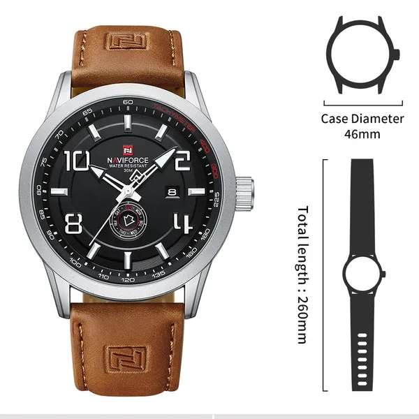 NAVIFORCE NF9229 Luminous Quartz Movement Men’s Watch – Dial Color: White, Strap Color: Brown – View 5