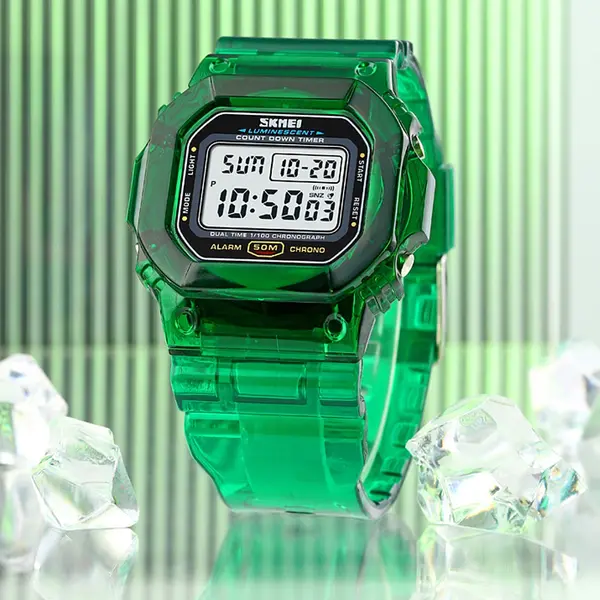 SKMEI 1999 Dual Time Chronograph PU Leather Kid's Watch – Dial Color: White, Strap Color: Green  – View 2