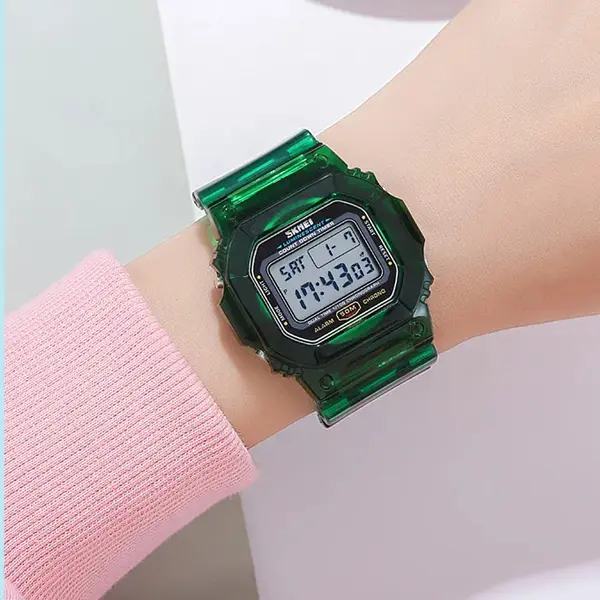 SKMEI 1999 Dual Time Chronograph PU Leather Kid's Watch – Dial Color: White, Strap Color: Green  – View 3