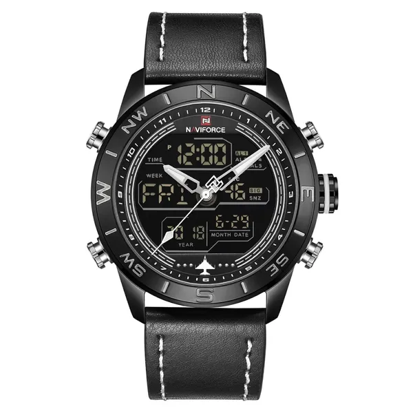 Naviforce NF9144 Luxurious Leather Waterproof Quartz Men's Watch – Dial Color: Black, Strap Color: Black – View 1