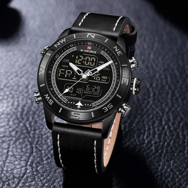 Naviforce NF9144 Luxurious Leather Waterproof Quartz Men's Watch – Dial Color: Black, Strap Color: Black – View 3