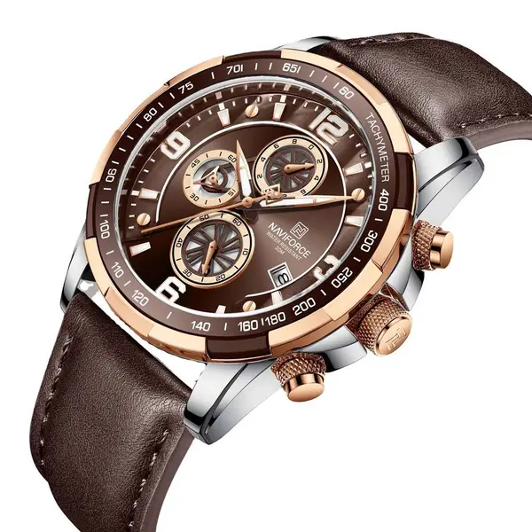 Naviforce NF8020L Luxury Leather Quartz Chronograph Casual Sports Style Men's Watch – Dial Color: Rose, Strap Color:  Brown  – View 3