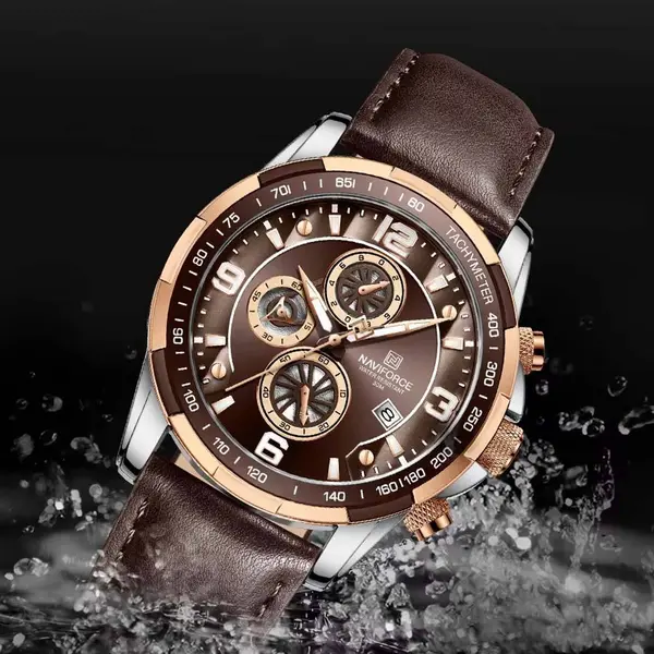 Naviforce NF8020L Luxury Leather Quartz Chronograph Casual Sports Style Men's Watch – Dial Color: Rose, Strap Color:  Brown  – View 4