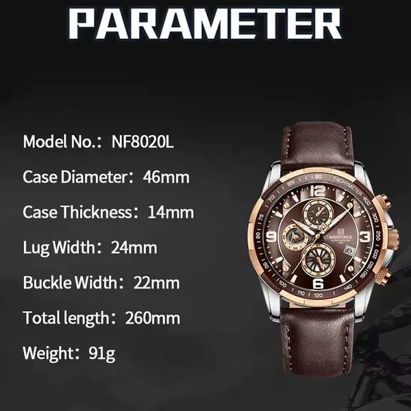 Naviforce NF8020L Luxury Leather Quartz Chronograph Casual Sports Style Men's Watch – Dial Color: Rose, Strap Color:  Brown  – View 5