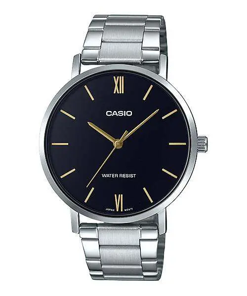 Casio MTP-VT01D-2BUDF Enticer Men's Analog Stainless Steel Chain Wristwatch – Dial Color: Black, Strap Color: White – View 1
