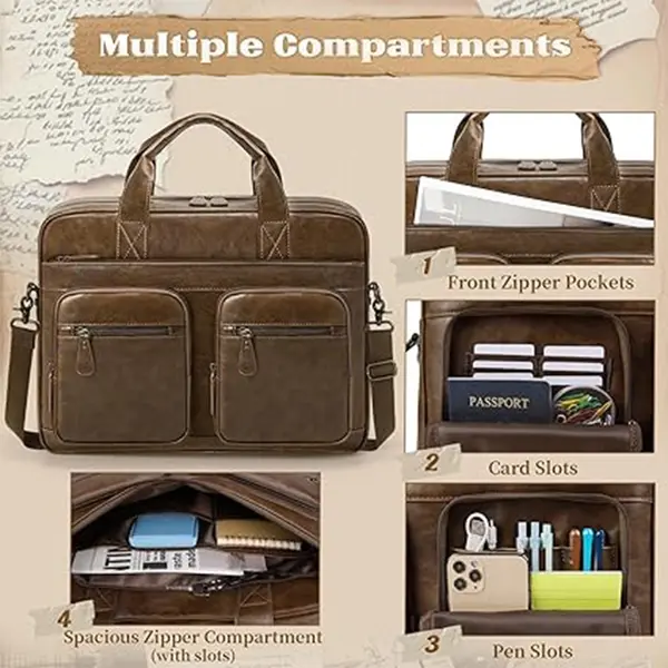 RAINSMORE 15.6 Inch Men PU Vegan Leather Waterproof Office Work Bag – Color: Bronze – View 2