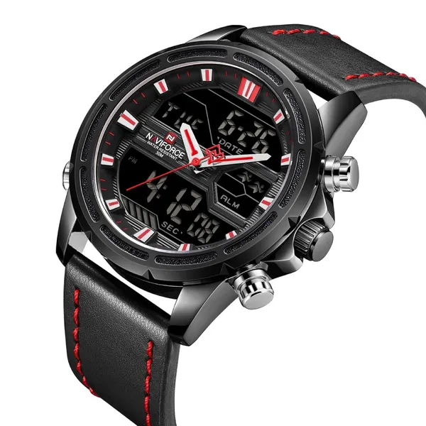 NAVIFORCE NF9138L PU Leather Dual Time Wrist Men's Watch – Dial Color: Red, Strap Color: Black – View 2