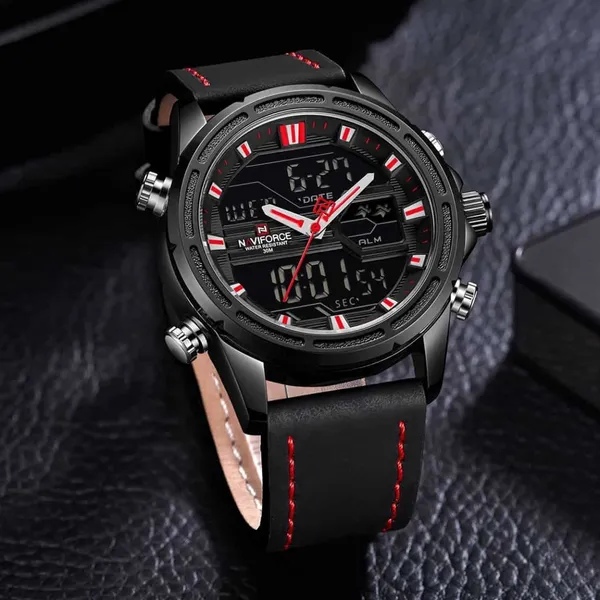 NAVIFORCE NF9138L PU Leather Dual Time Wrist Men's Watch – Dial Color: Red, Strap Color: Black – View 3