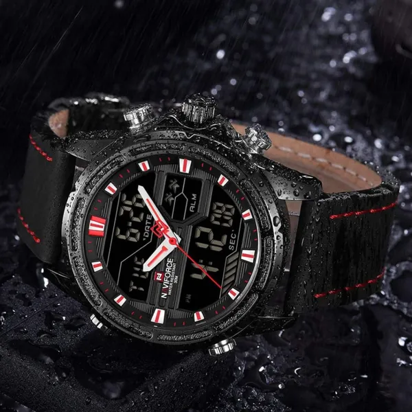 NAVIFORCE NF9138L PU Leather Dual Time Wrist Men's Watch – Dial Color: Red, Strap Color: Black – View 5