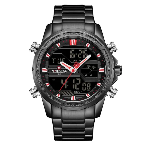 Naviforce NF9138 Luxurious Stainless Steel Men's Watch – Dial Color: Red, Strap Color: Black – View 1