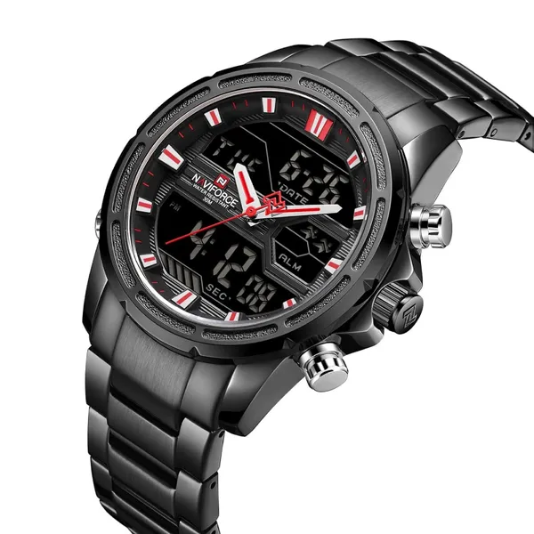 Naviforce NF9138 Luxurious Stainless Steel Men's Watch – Dial Color: Red, Strap Color: Black – View 2