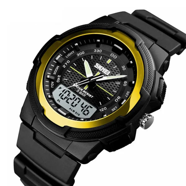 SKMEI 1454 Dual Time WaterProof Silicon Outdoor Sporty Men's Watch – Dial Color: Gold, Strap Color: Black – View 2