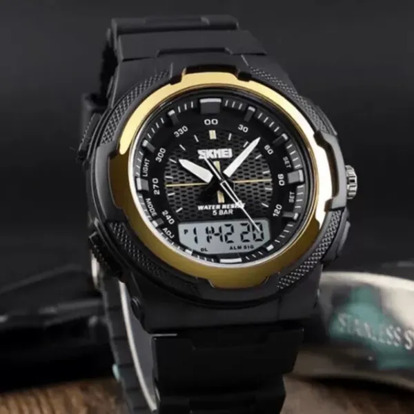 SKMEI 1454 Dual Time WaterProof Silicon Outdoor Sporty Men's Watch – Dial Color: Gold, Strap Color: Black – View 3