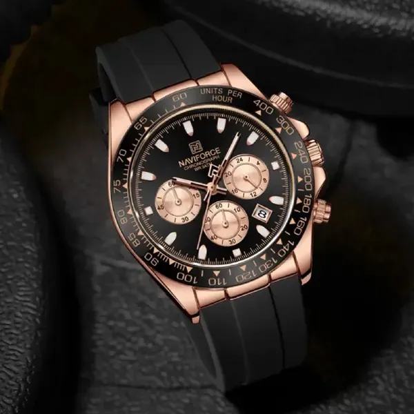 Naviforce NF8054 Sleek Metallic Luminous Men's Watch – Dial Color: Rose, Strap Color: Black – View 3