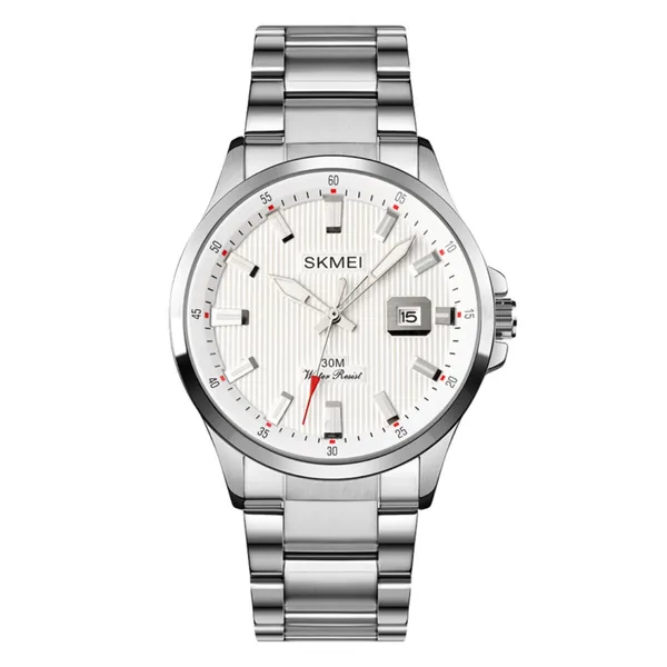 SKMEI 1654 Luxury Stainless Steel Relojes Para Hombre Men's Watch – Dial Color: White, Strap Color: Silver – View 1