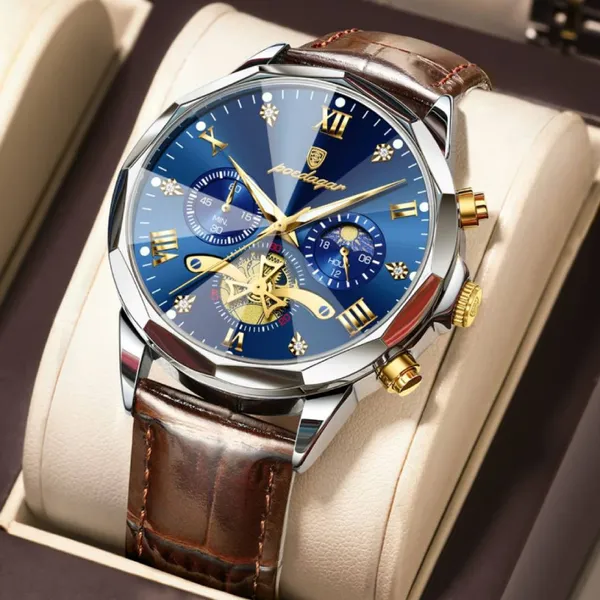 Poedagar 938L Military Luxury Quartz Waterproof Luminous Men's Watch – Dial Color: Blue, Strap Color:  Brown  – View 3