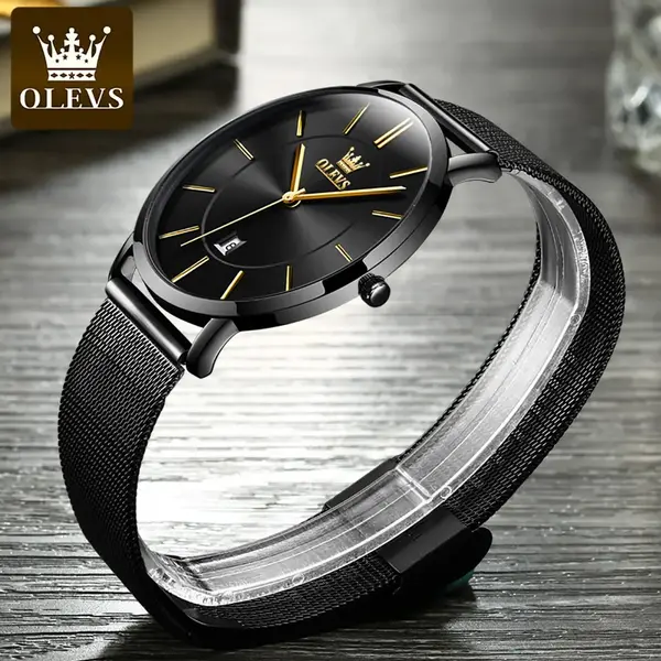 OLEVS 5869 Milanese Mesh Strap Waterproof Versatile Ultra Thin Couple's Wristwatch – Dial Color: Black, Strap Color: Black – View 4