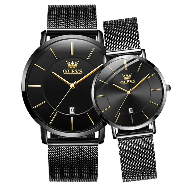 OLEVS 5869 Milanese Mesh Strap Waterproof Versatile Ultra Thin Couple's Wristwatch – Dial Color: Black, Strap Color: Black – View 1