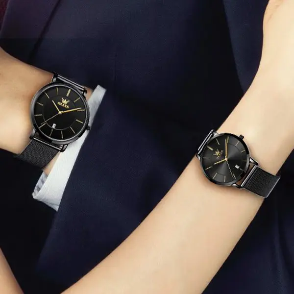 OLEVS 5869 Milanese Mesh Strap Waterproof Versatile Ultra Thin Couple's Wristwatch – Dial Color: Black, Strap Color: Black – View 5