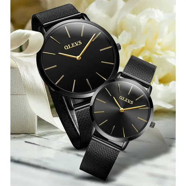 OLEVS 5869 Milanese Mesh Strap Waterproof Versatile Ultra Thin Couple's Wristwatch – Dial Color: Black, Strap Color: Black – View 6