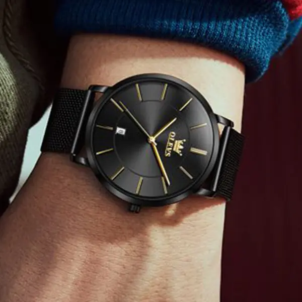 OLEVS 5869 Milanese Mesh Strap Waterproof Versatile Ultra Thin Couple's Wristwatch – Dial Color: Black, Strap Color: Black – View 8