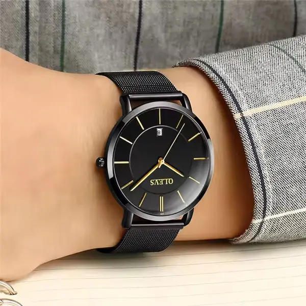 OLEVS 5869 Milanese Mesh Strap Waterproof Versatile Ultra Thin Couple's Wristwatch – Dial Color: Black, Strap Color: Black – View 2