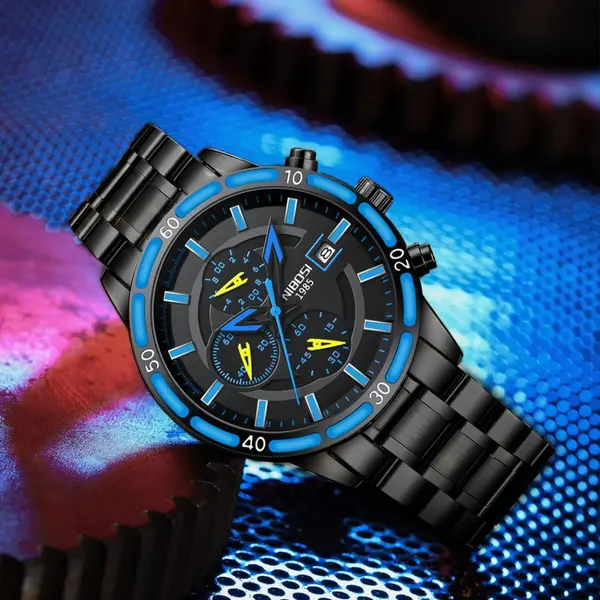 Nibosi 2568 Stainless Steel Multifunctional Chronograph classical Men's Watch – Dial Color: Navy Blue, Strap Color: Black – View 3