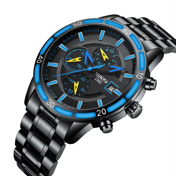 Nibosi 2568 Stainless Steel Multifunctional Chronograph classical Men's Watch – Dial Color: Navy Blue, Strap Color: Black – View 2