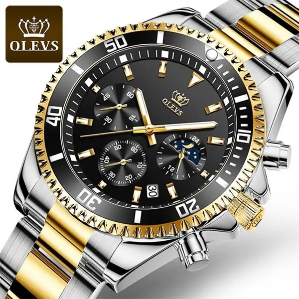 OLEVS 2870 Luxury Whiteshine Luminous Chronograph Analog Wristwatch for Men – Dial Color: Black, Strap Color: White Gold – View 3