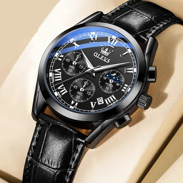OLEVS 2871 Bold Style Leather Strap Luminous Chronograph Men's Quartz Wristwatch – Dial Color: Black, Strap Color: Black – View 4