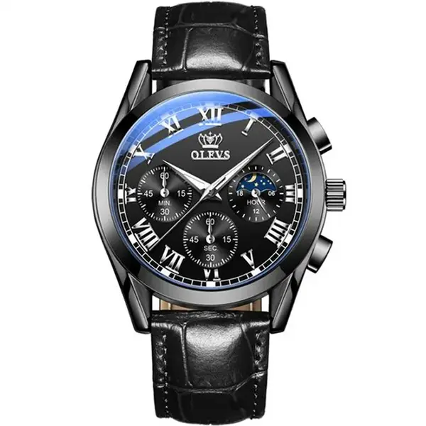 OLEVS 2871 Bold Style Leather Strap Luminous Chronograph Men's Quartz Wristwatch – Dial Color: Black, Strap Color: Black – View 1