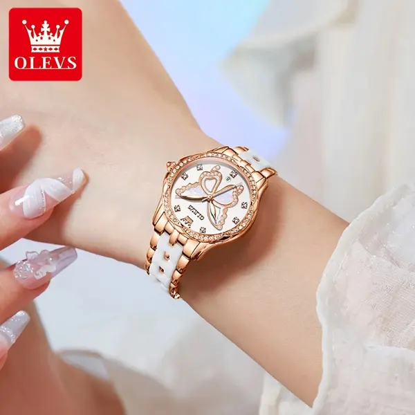 OLEVS 5610 Beauty Dial Luminous Steel Ceramic Bracelet Women Watch – Dial Color: White, Strap Color: White – View 2