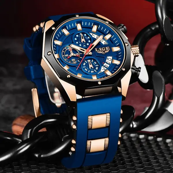 LIGE 8908 Analog Movement Premium Silicone Strap Men's Sports Watch – Dial Color: Blue, Strap Color: Blue – View 2