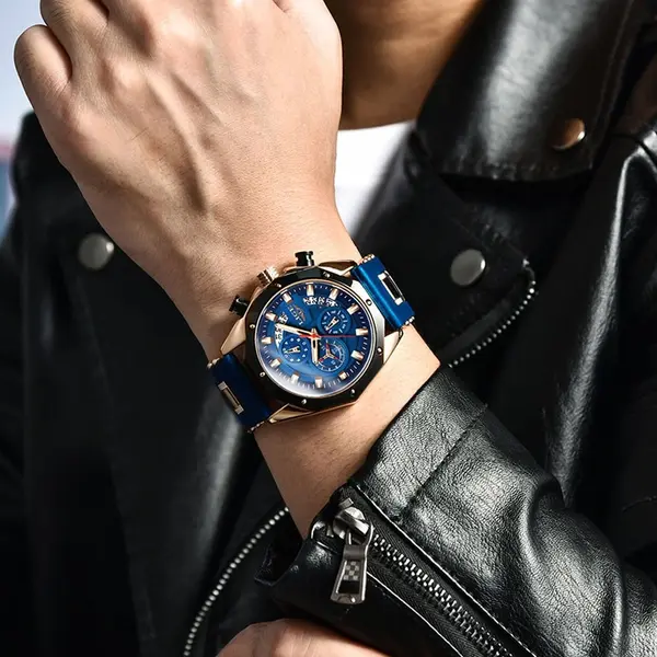 LIGE 8908 Analog Movement Premium Silicone Strap Men's Sports Watch – Dial Color: Blue, Strap Color: Blue – View 3