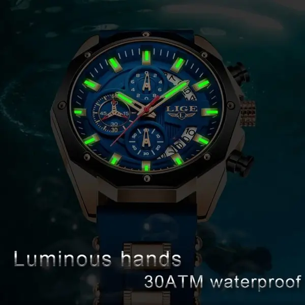 LIGE 8908 Analog Movement Premium Silicone Strap Men's Sports Watch – Dial Color: Blue, Strap Color: Blue – View 4