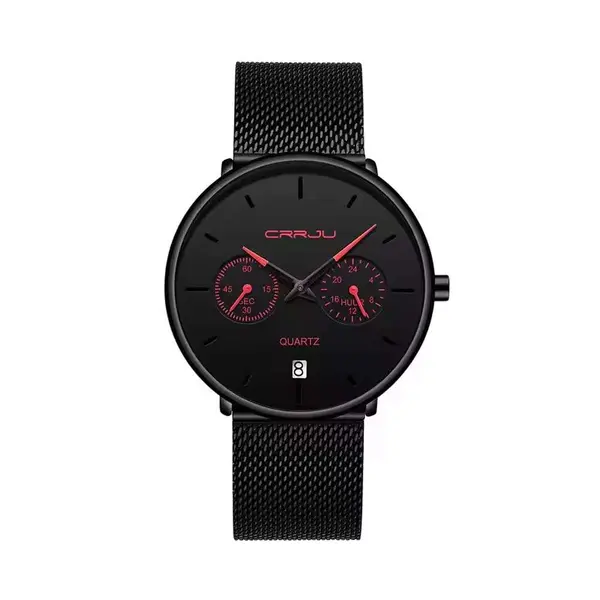 CRRJU 2162 Ultrathin Mesh Stainless Steel Band Business Fashion Men’s Watch – Dial Color: Red, Strap Color: Black – View 1
