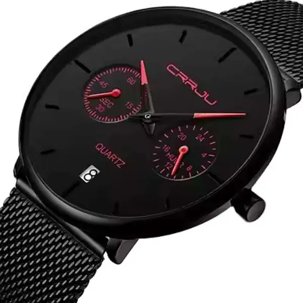 CRRJU 2162 Ultrathin Mesh Stainless Steel Band Business Fashion Men’s Watch – Dial Color: Red, Strap Color: Black – View 2