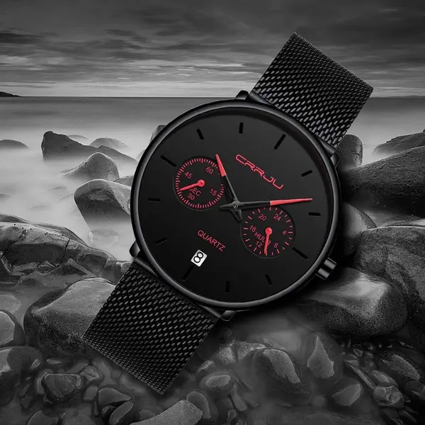 CRRJU 2162 Ultrathin Mesh Stainless Steel Band Business Fashion Men’s Watch – Dial Color: Red, Strap Color: Black – View 3
