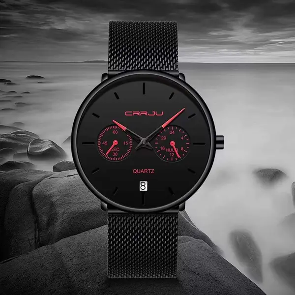 CRRJU 2162 Ultrathin Mesh Stainless Steel Band Business Fashion Men’s Watch – Dial Color: Red, Strap Color: Black – View 4
