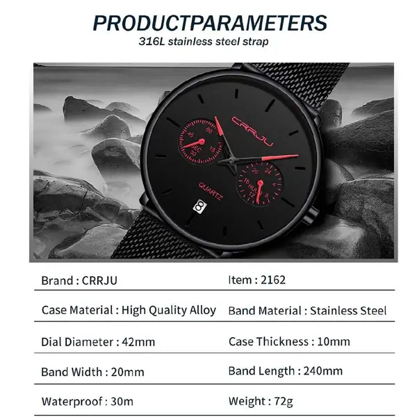 CRRJU 2162 Ultrathin Mesh Stainless Steel Band Business Fashion Men’s Watch – Dial Color: Red, Strap Color: Black – View 5