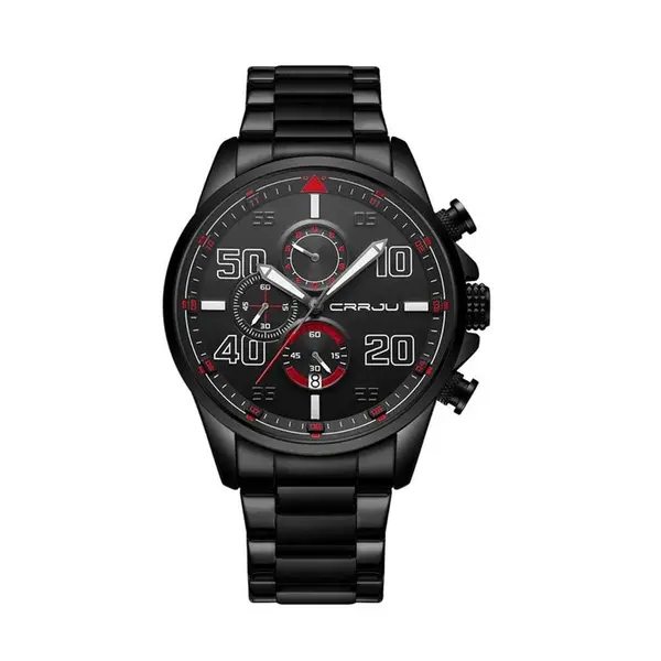 CRRJU 2307 Stainless Steel Multifunction Masterpiece Classic Chrono Men's Watch – Dial Color: Red, Strap Color: Black – View 1