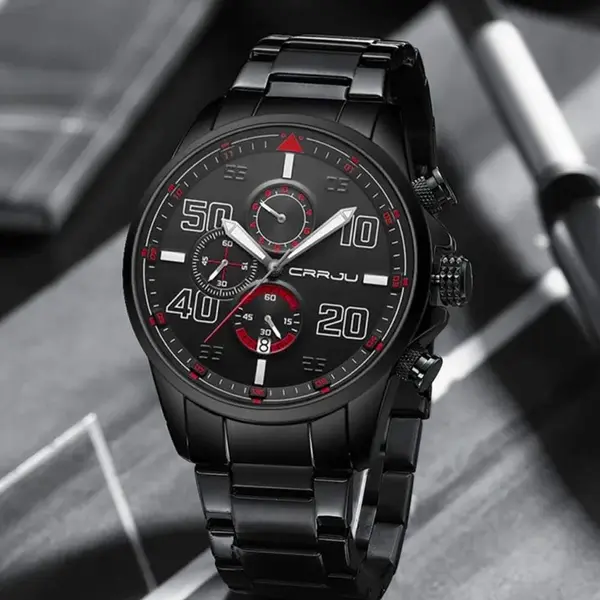 CRRJU 2307 Stainless Steel Multifunction Masterpiece Classic Chrono Men's Watch – Dial Color: Red, Strap Color: Black – View 3