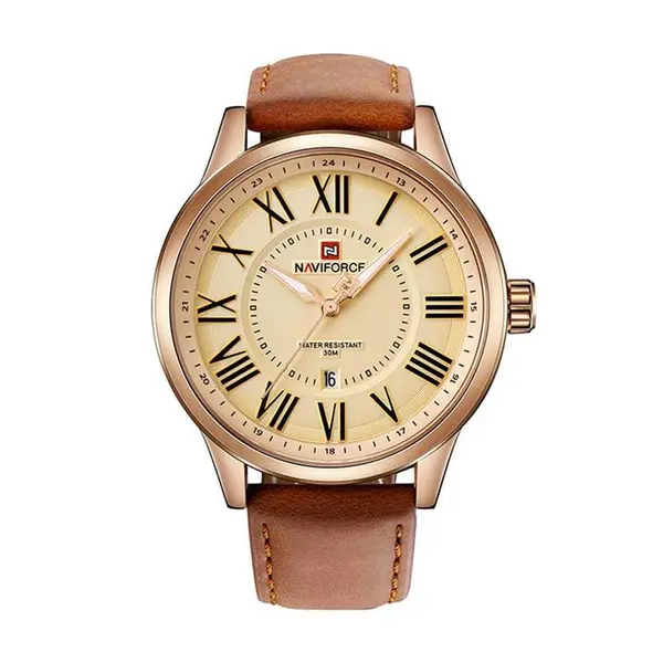 Naviforce NF9126 Luxury Genuine Leather Strap Casual Fashion Men's Watch – Dial Color: Bronze, Strap Color:  Brown  – View 1